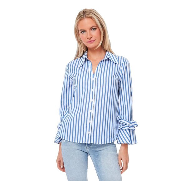 NWT Harshman Ruffle Sleeve Selina Button Down Blouse Indigo Stripes Plus Size 1X - Picture 2 of 7